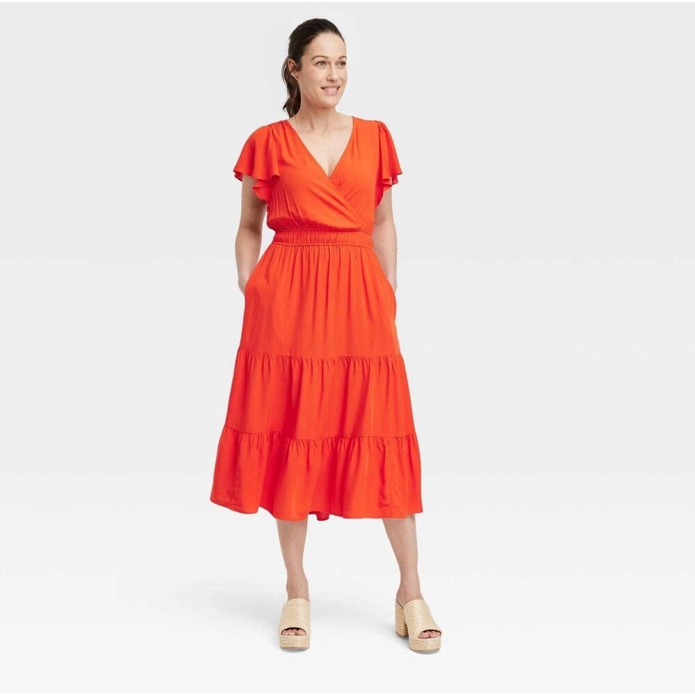 Knox Rose Orange Flutter Tiered A Line Midi Dress Size L